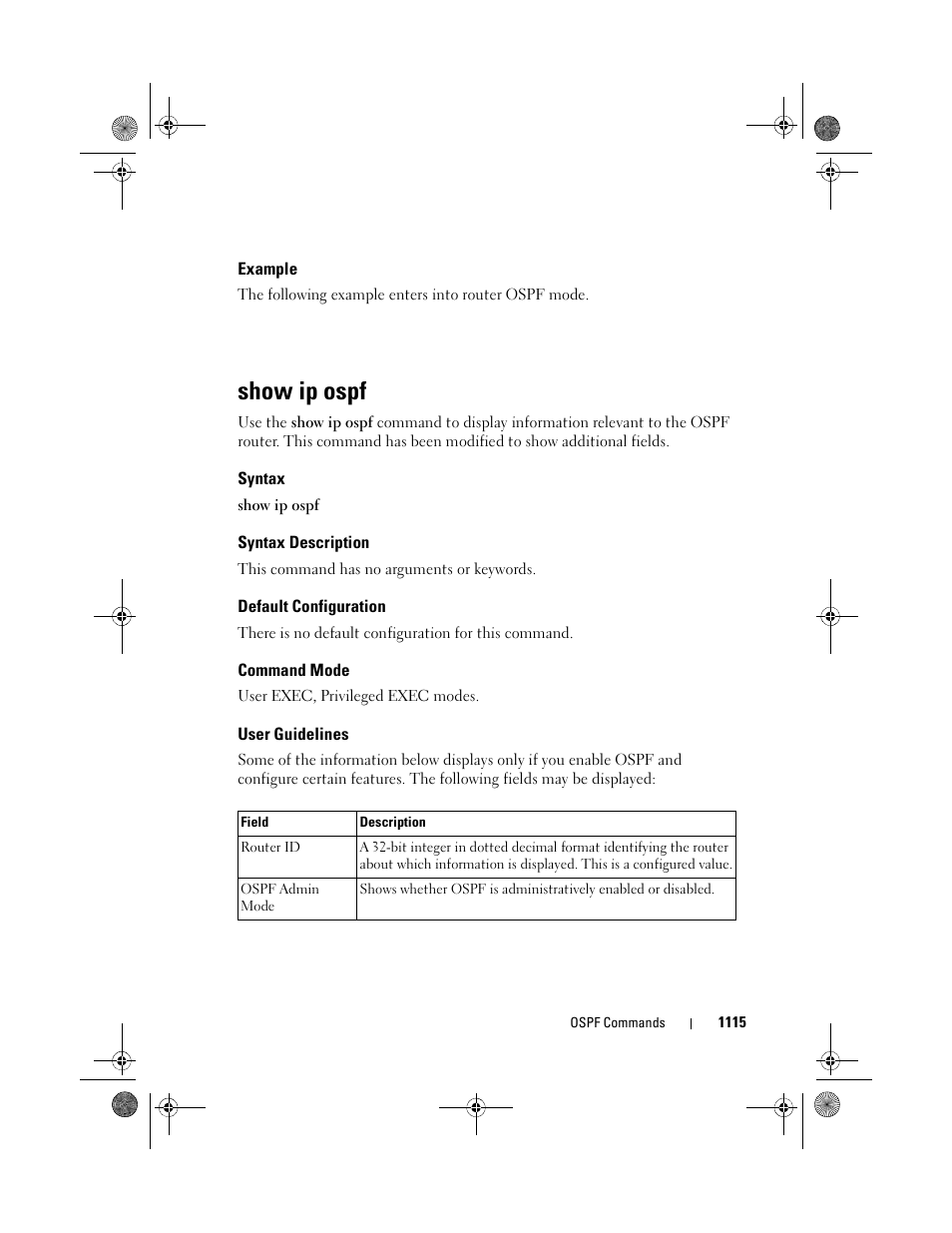 Example, Show ip ospf, Syntax | Syntax description, Default configuration, Command mode, User guidelines | Dell POWEREDGE M1000E User Manual | Page 1115 / 1682