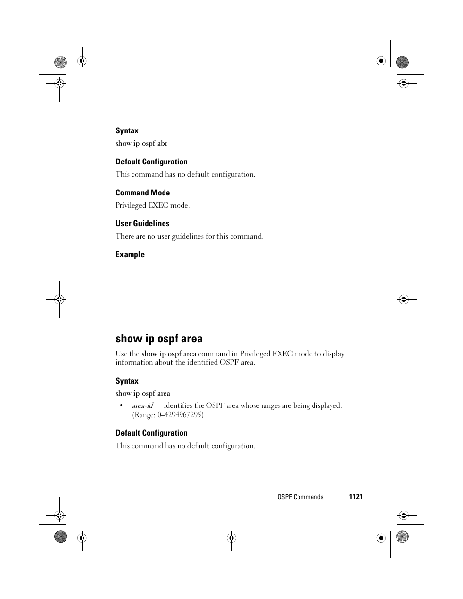 Syntax, Default configuration, Command mode | User guidelines, Example, Show ip ospf area | Dell POWEREDGE M1000E User Manual | Page 1121 / 1682