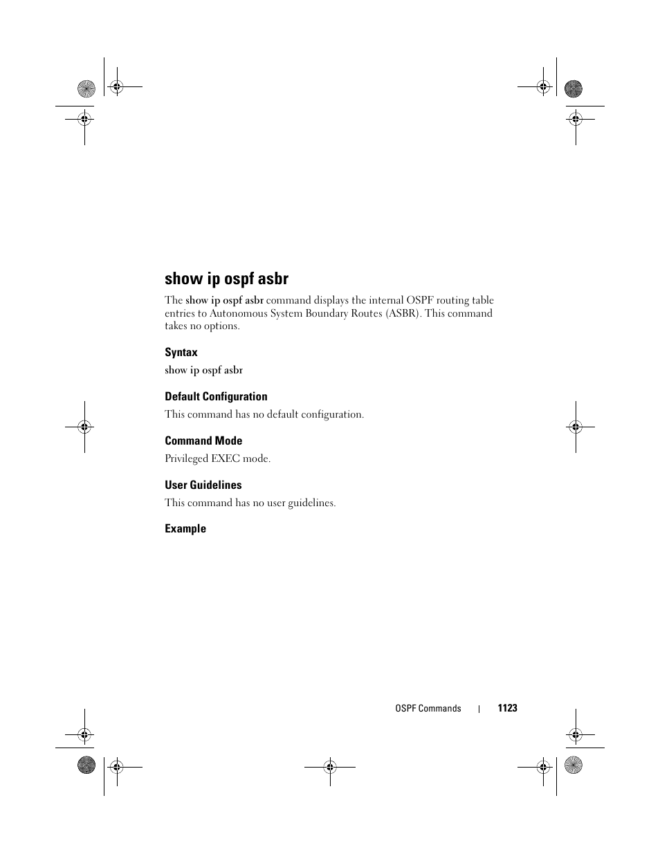 Show ip ospf asbr, Syntax, Default configuration | Command mode, User guidelines, Example | Dell POWEREDGE M1000E User Manual | Page 1123 / 1682