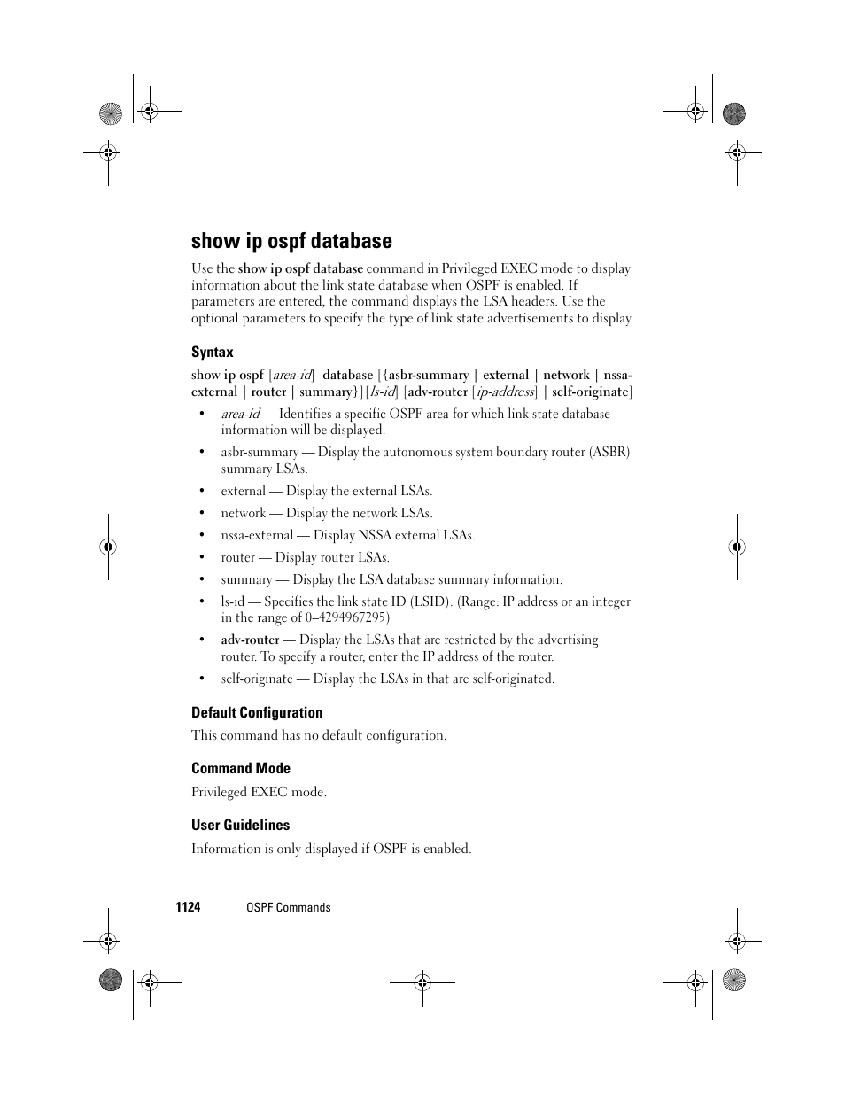Show ip ospf database, Syntax, Default configuration | Command mode, User guidelines | Dell POWEREDGE M1000E User Manual | Page 1124 / 1682