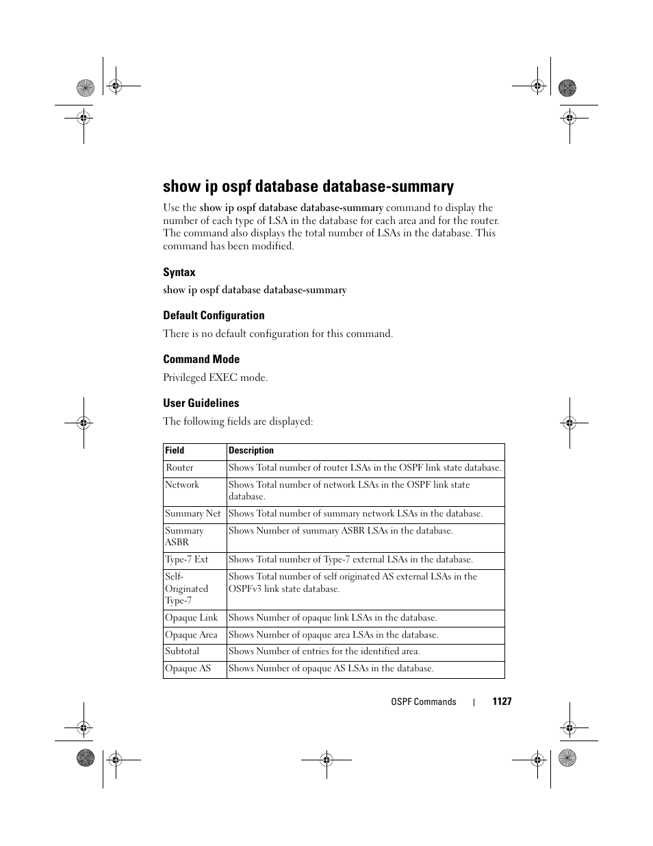 Show ip ospf database database-summary, Syntax, Default configuration | Command mode, User guidelines, Show ip ospf database, Database-summary | Dell POWEREDGE M1000E User Manual | Page 1127 / 1682