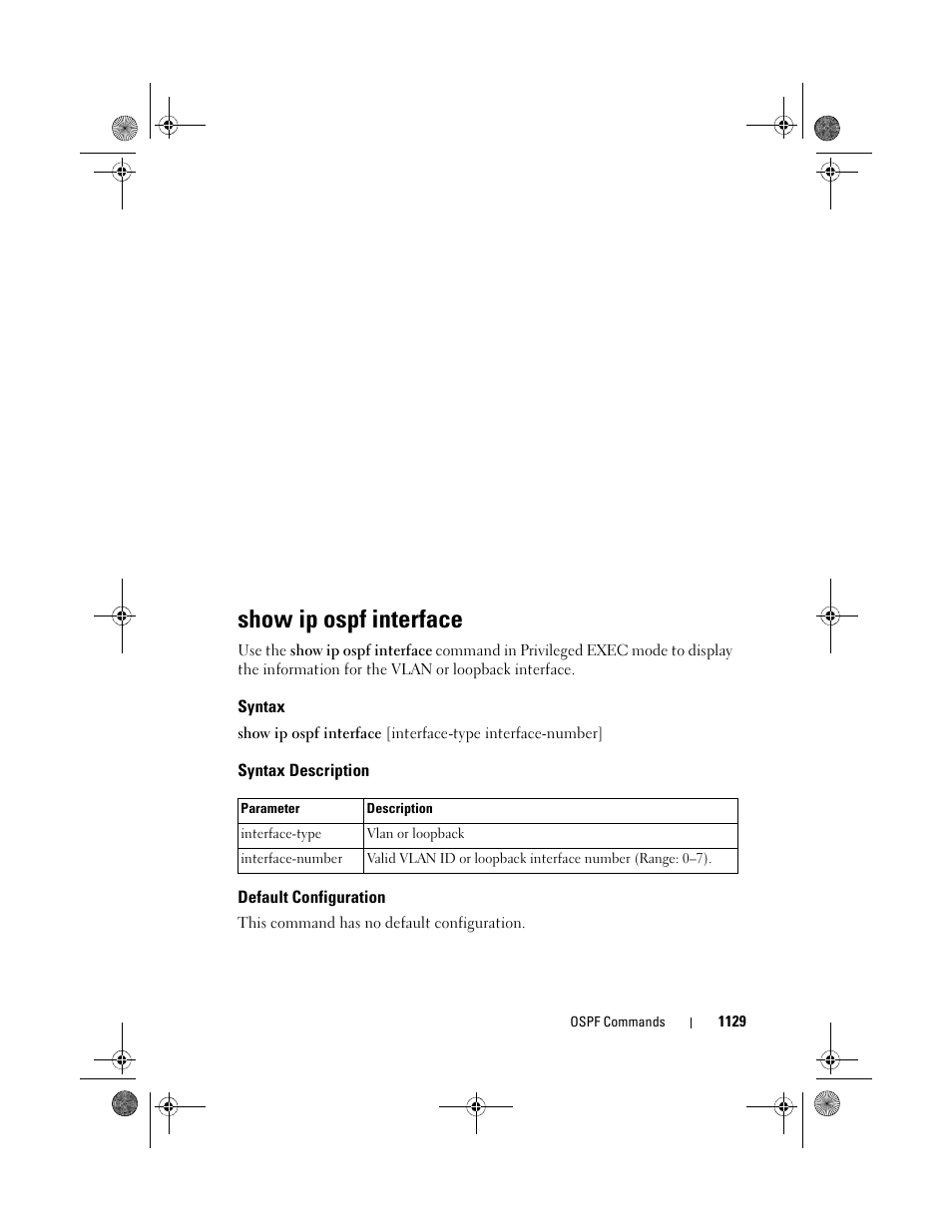 Show ip ospf interface, Syntax, Syntax description | Default configuration | Dell POWEREDGE M1000E User Manual | Page 1129 / 1682