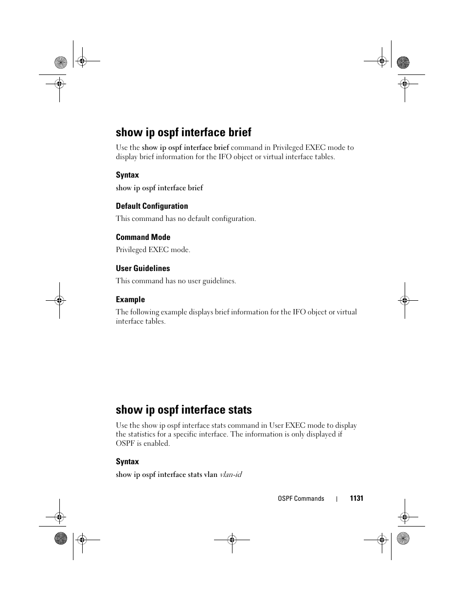 Show ip ospf interface brief, Syntax, Default configuration | Command mode, User guidelines, Example, Show ip ospf interface stats, Show ip ospf interface, Brief, Stats | Dell POWEREDGE M1000E User Manual | Page 1131 / 1682