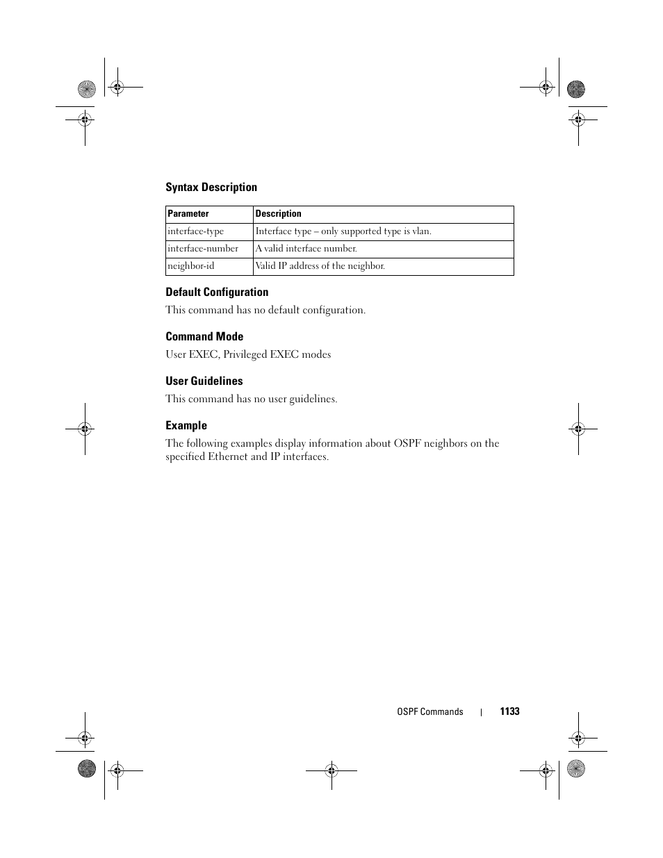 Syntax description, Default configuration, Command mode | User guidelines, Example | Dell POWEREDGE M1000E User Manual | Page 1133 / 1682