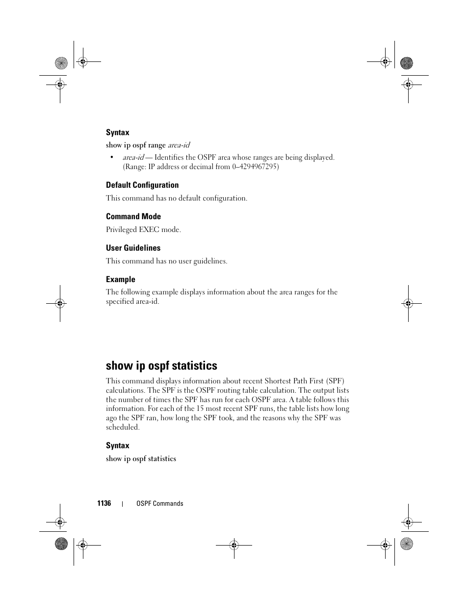 Syntax, Default configuration, Command mode | User guidelines, Example, Show ip ospf statistics | Dell POWEREDGE M1000E User Manual | Page 1136 / 1682