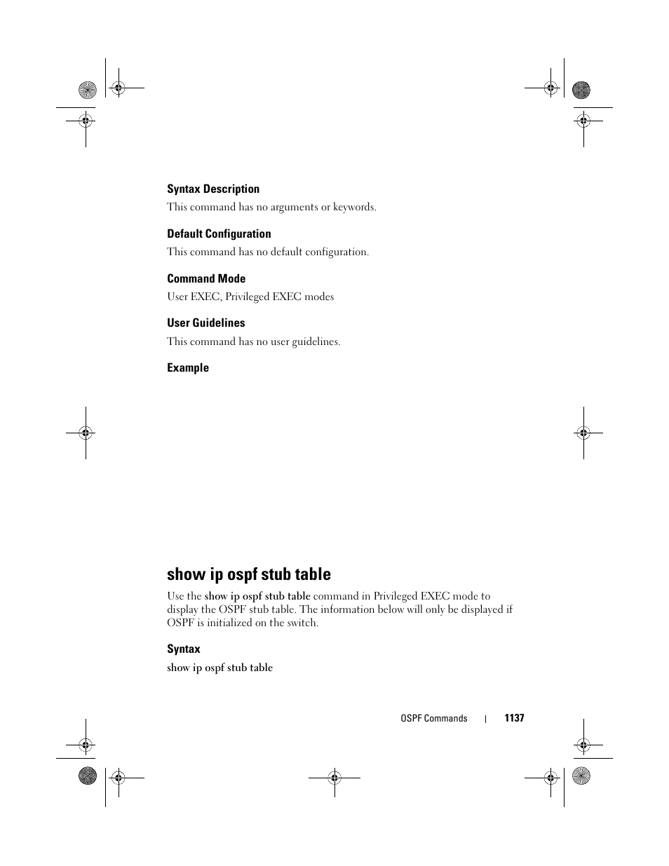 Syntax description, Default configuration, Command mode | User guidelines, Example, Show ip ospf stub table, Syntax | Dell POWEREDGE M1000E User Manual | Page 1137 / 1682