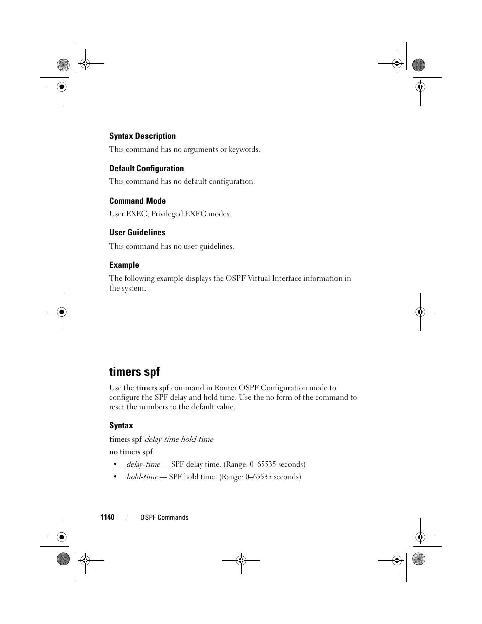 Syntax description, Default configuration, Command mode | User guidelines, Example, Timers spf, Syntax | Dell POWEREDGE M1000E User Manual | Page 1140 / 1682