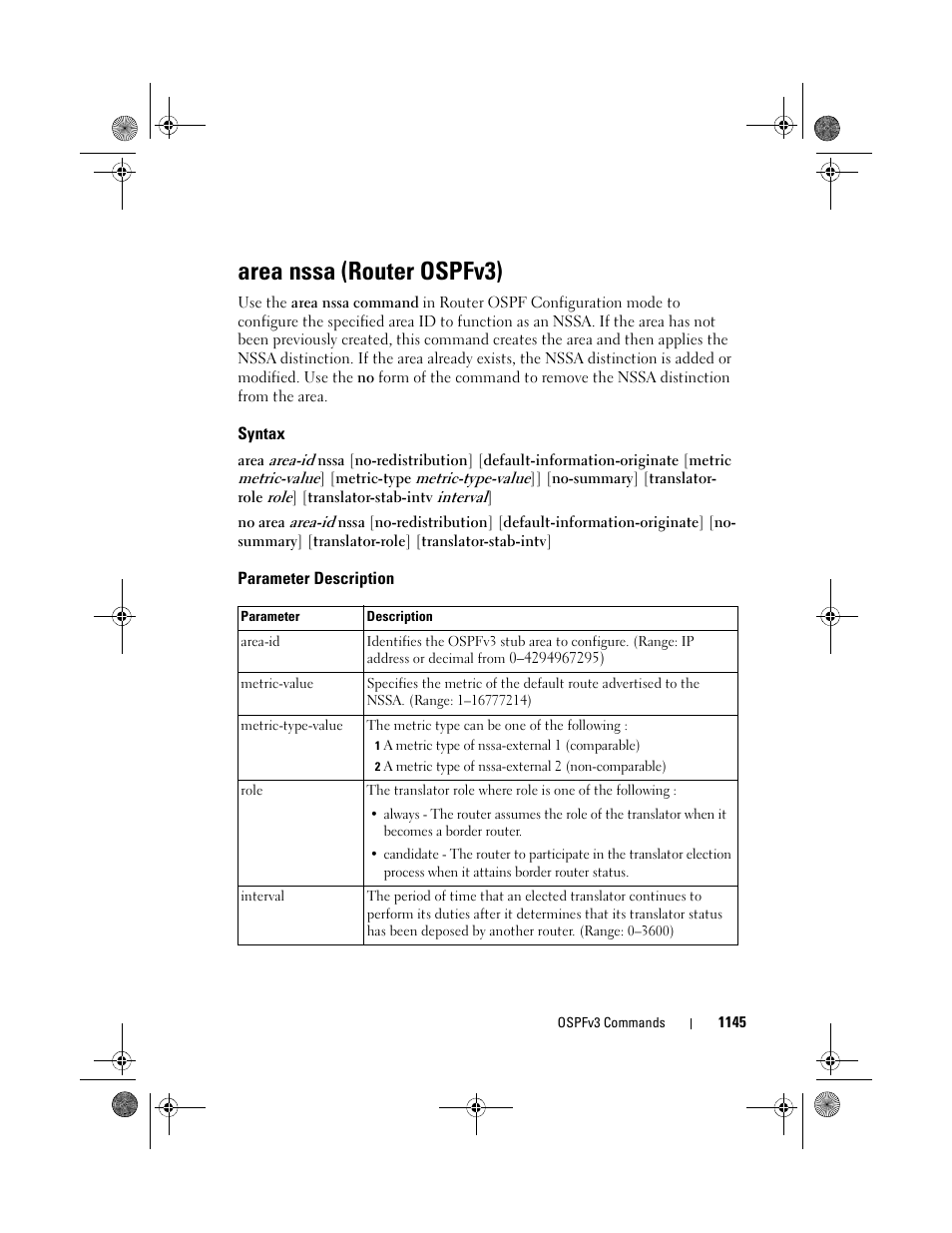 Area nssa (router ospfv3), Syntax, Parameter description | Area nssa (router, Ospfv3) | Dell POWEREDGE M1000E User Manual | Page 1145 / 1682