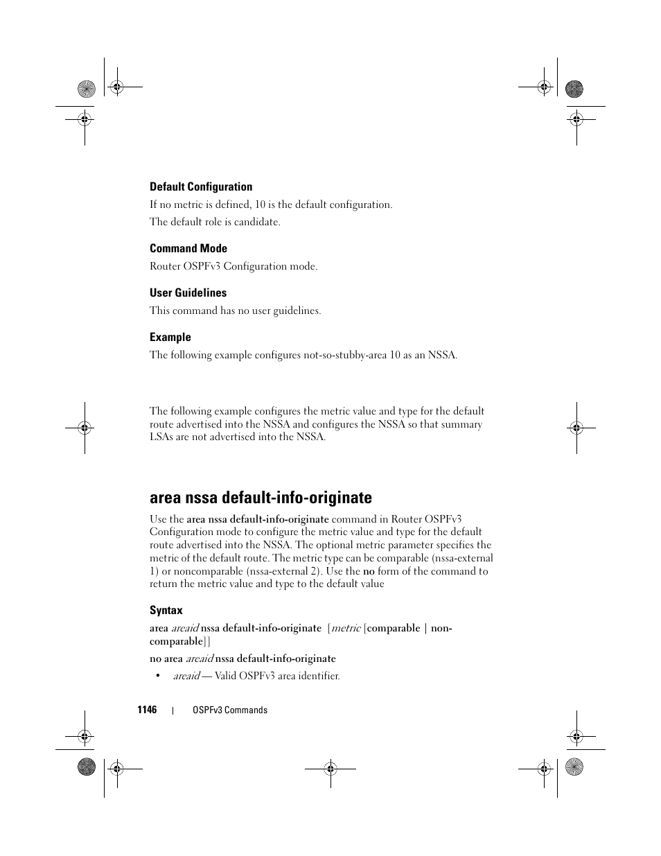 Default configuration, Command mode, User guidelines | Example, Area nssa default-info-originate, Syntax, Area nssa default, Info-originate | Dell POWEREDGE M1000E User Manual | Page 1146 / 1682