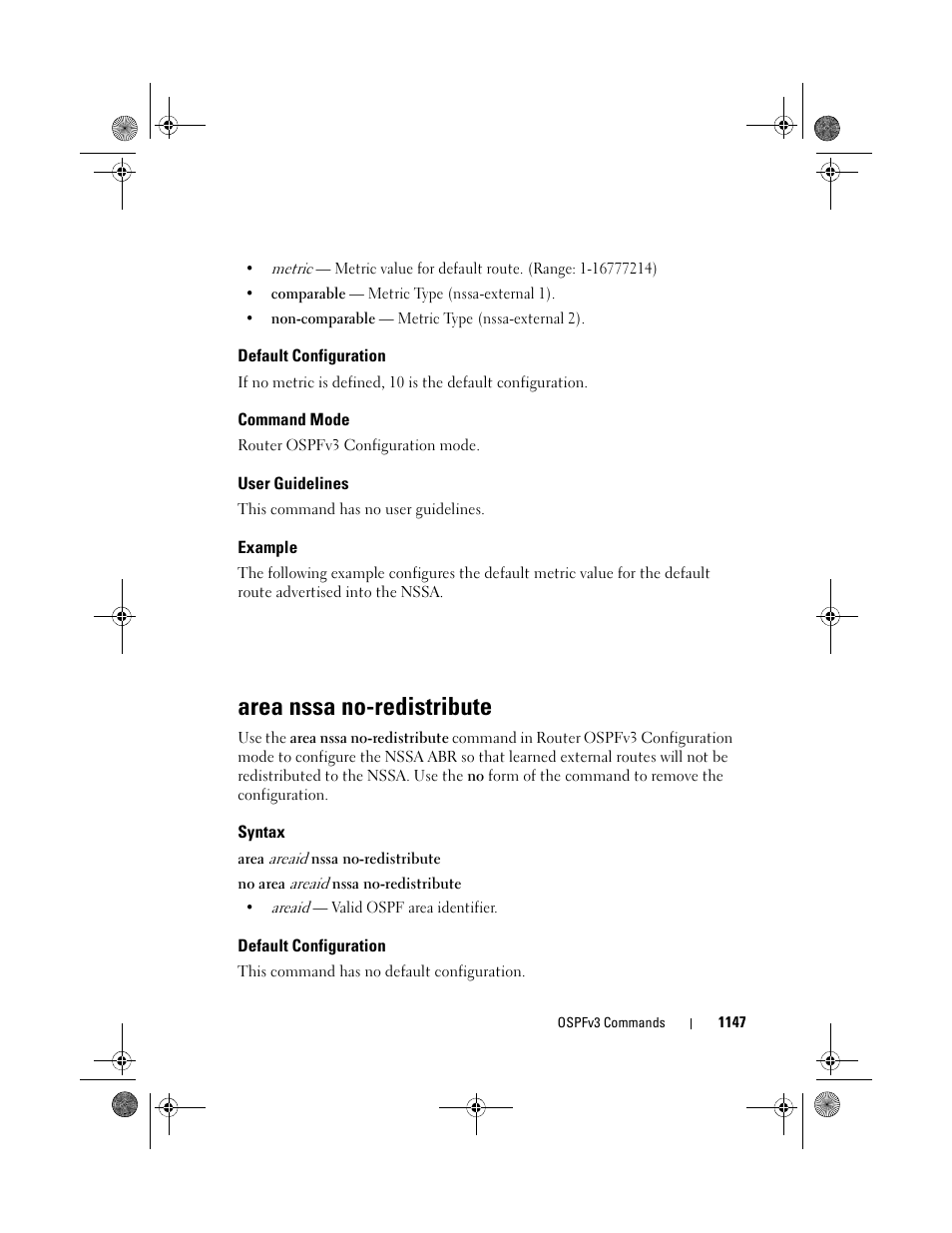 Default configuration, Command mode, User guidelines | Example, Area nssa no-redistribute, Syntax, Area nssa no, Redistribute | Dell POWEREDGE M1000E User Manual | Page 1147 / 1682