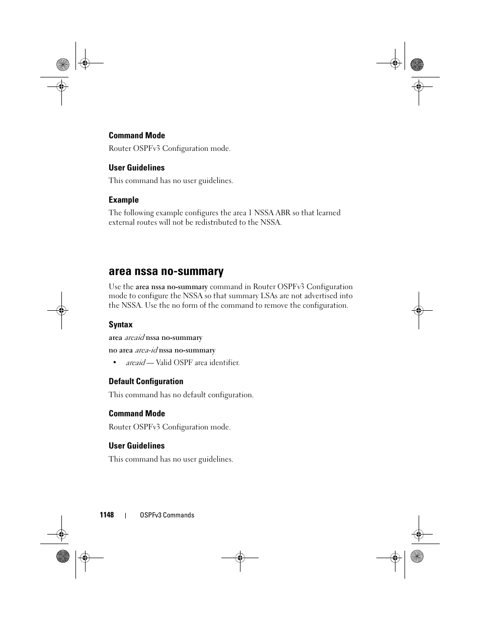 Command mode, User guidelines, Example | Area nssa no-summary, Syntax, Default configuration, Area nssa no, Summary | Dell POWEREDGE M1000E User Manual | Page 1148 / 1682