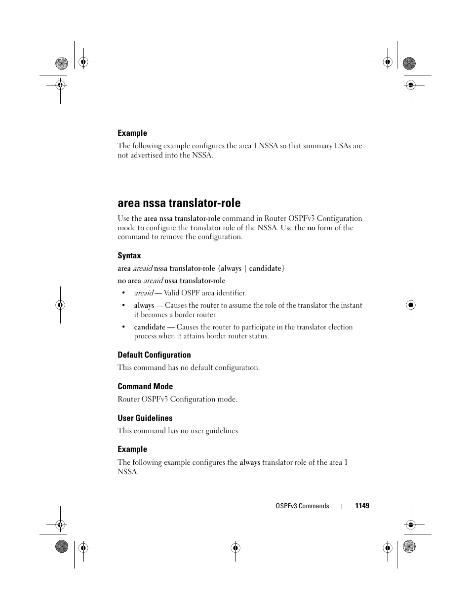 Example, Area nssa translator-role, Syntax | Default configuration, Command mode, User guidelines, Area nssa, Translator-role | Dell POWEREDGE M1000E User Manual | Page 1149 / 1682