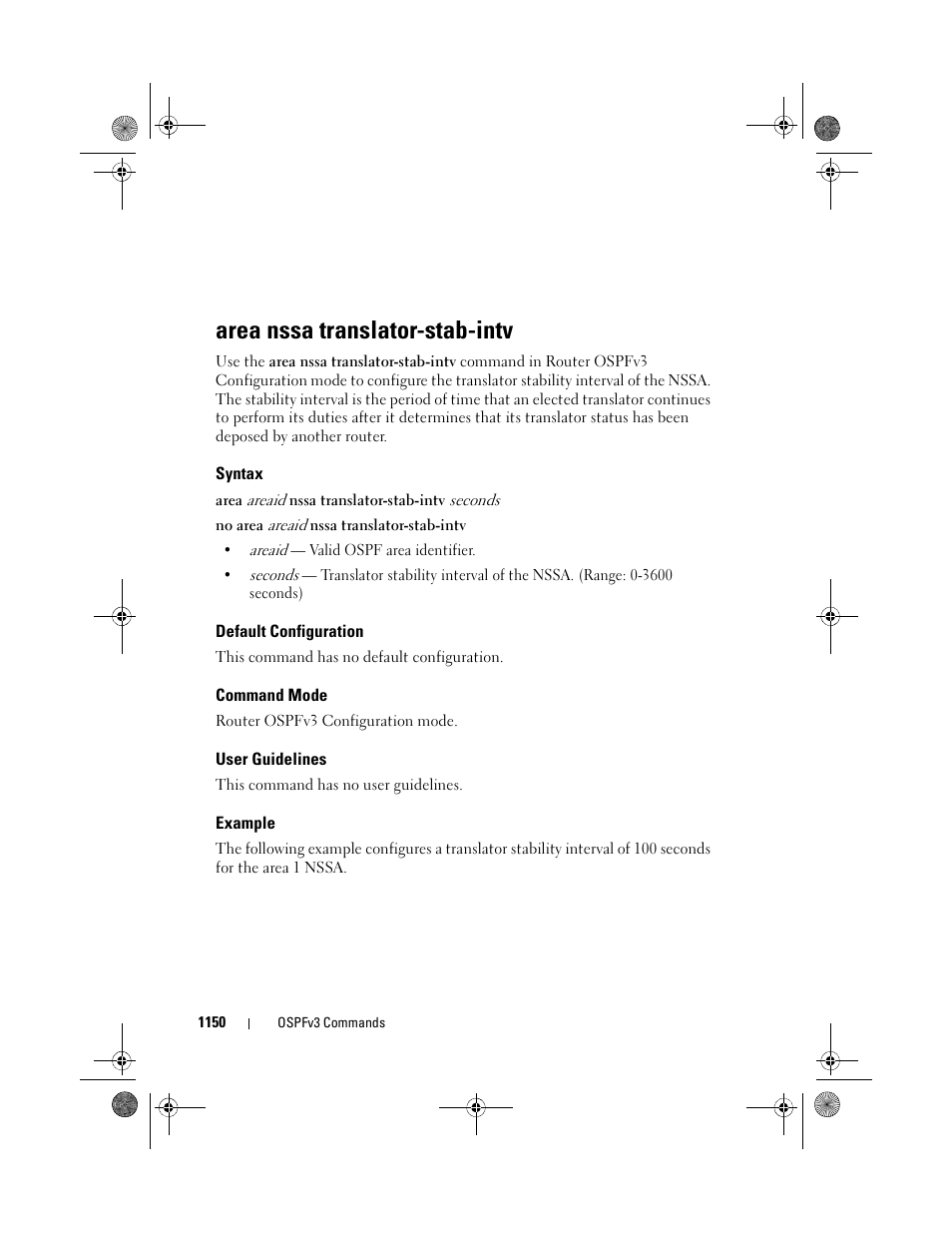 Area nssa translator-stab-intv, Syntax, Default configuration | Command mode, User guidelines, Example, Area nssa, Translator-stab-intv | Dell POWEREDGE M1000E User Manual | Page 1150 / 1682