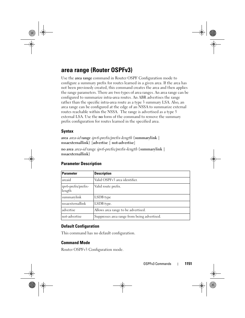 Area range (router ospfv3), Syntax, Parameter description | Default configuration, Command mode, Area range (router, Ospfv3) | Dell POWEREDGE M1000E User Manual | Page 1151 / 1682