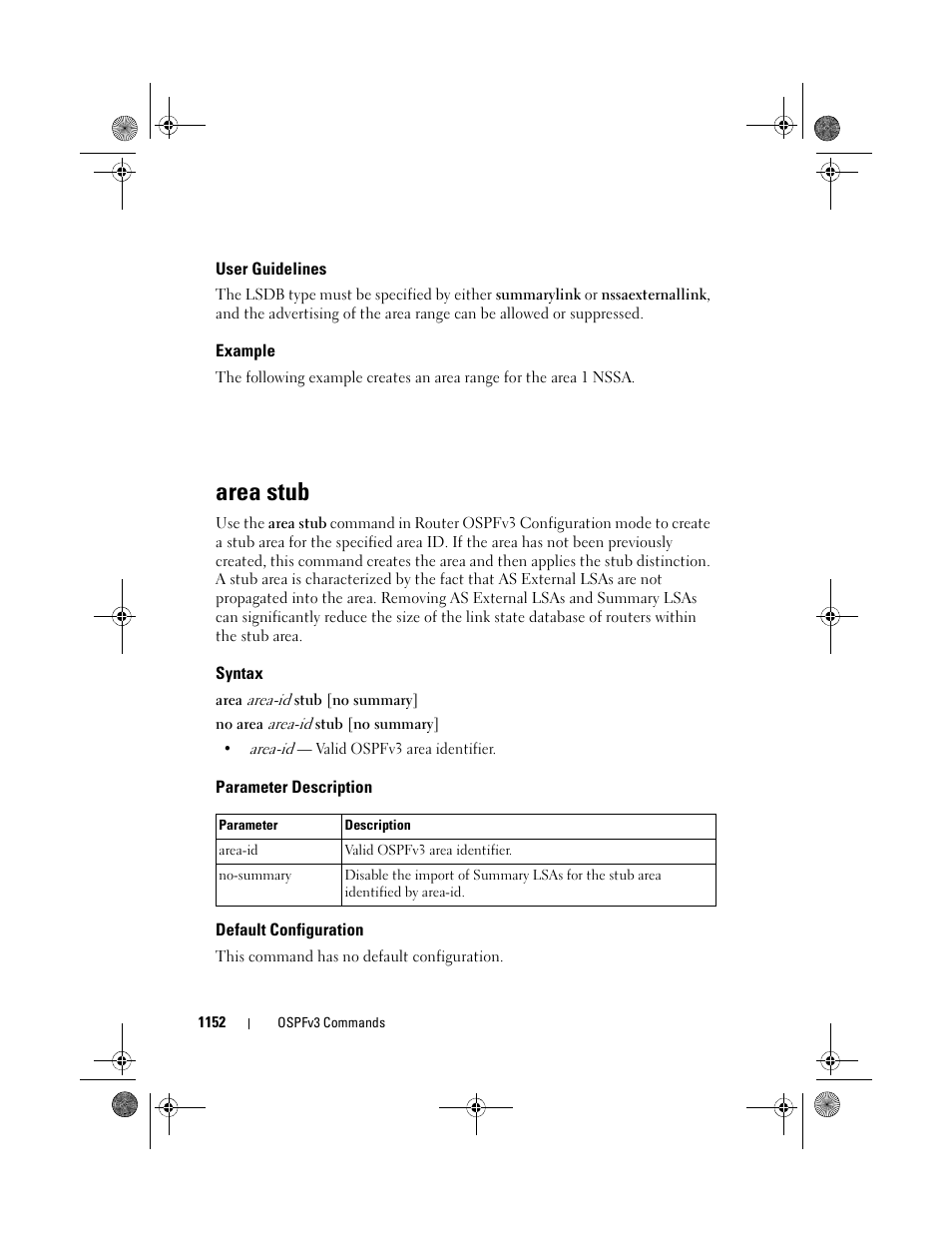 User guidelines, Example, Area stub | Syntax, Parameter description, Default configuration | Dell POWEREDGE M1000E User Manual | Page 1152 / 1682