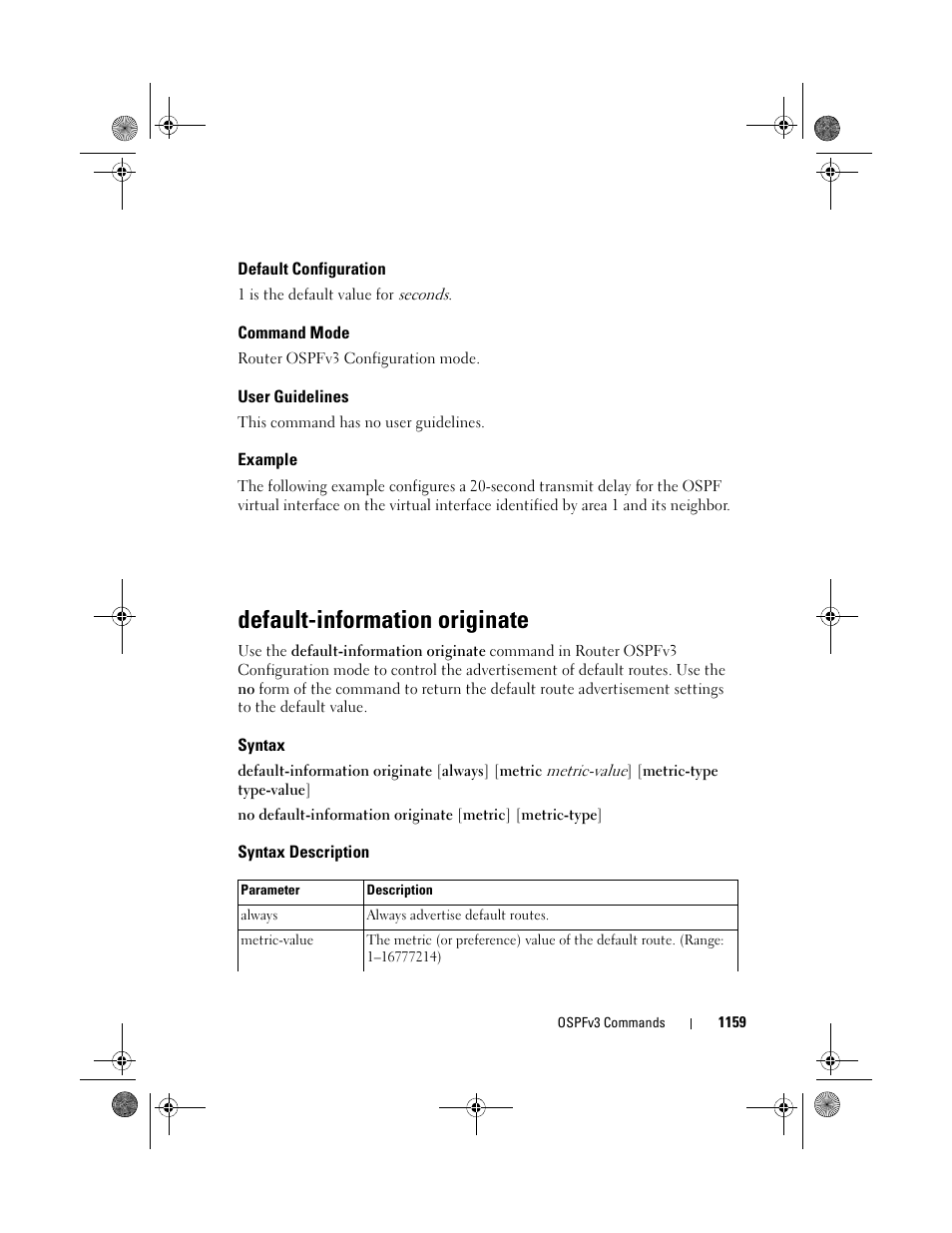 Default configuration, Command mode, User guidelines | Example, Default-information originate, Syntax, Syntax description, Default, Information, Originate | Dell POWEREDGE M1000E User Manual | Page 1159 / 1682