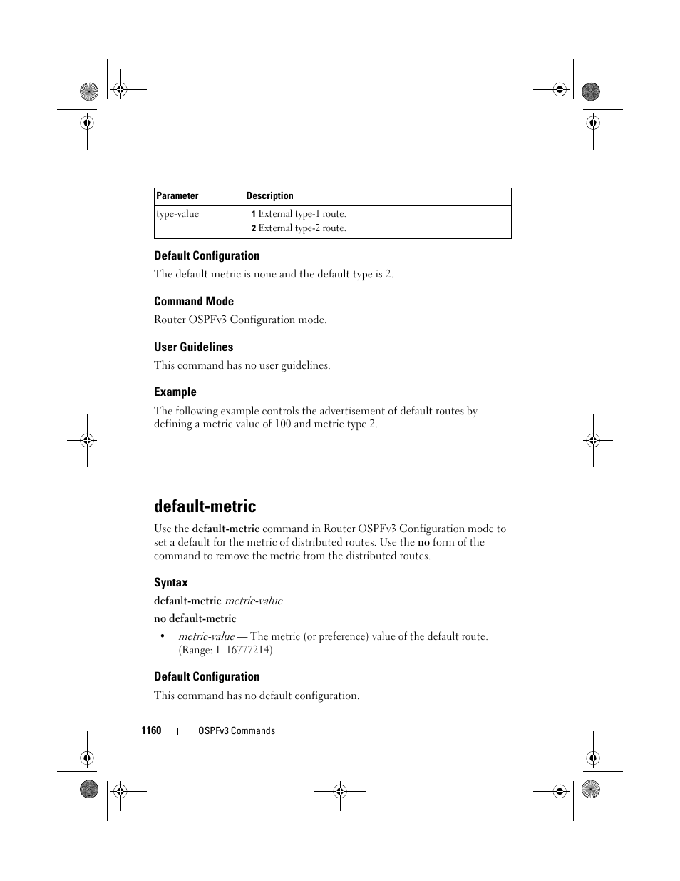 Default configuration, Command mode, User guidelines | Example, Default-metric, Syntax | Dell POWEREDGE M1000E User Manual | Page 1160 / 1682