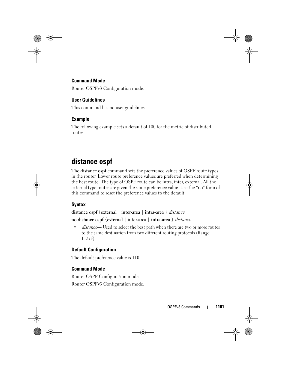 Command mode, User guidelines, Example | Distance ospf, Syntax, Default configuration | Dell POWEREDGE M1000E User Manual | Page 1161 / 1682