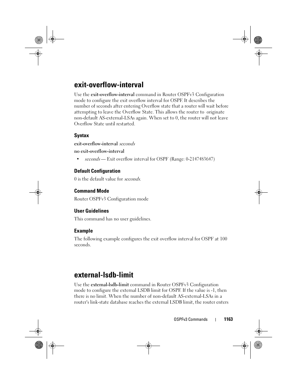 Exit-overflow-interval, Syntax, Default configuration | Command mode, User guidelines, Example, External-lsdb-limit, Exit-overflow, Interval | Dell POWEREDGE M1000E User Manual | Page 1163 / 1682