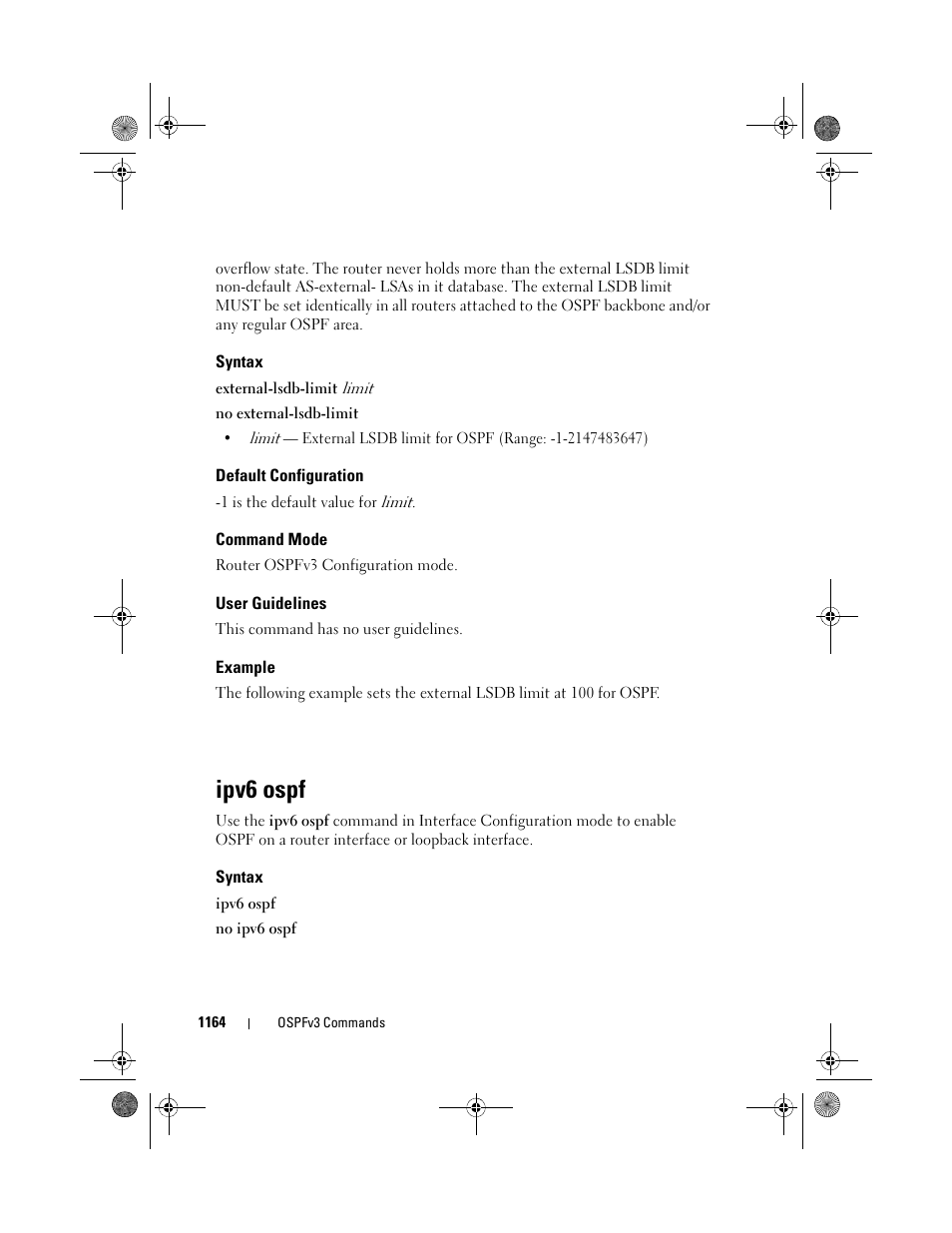 Syntax, Default configuration, Command mode | User guidelines, Example, Ipv6 ospf | Dell POWEREDGE M1000E User Manual | Page 1164 / 1682