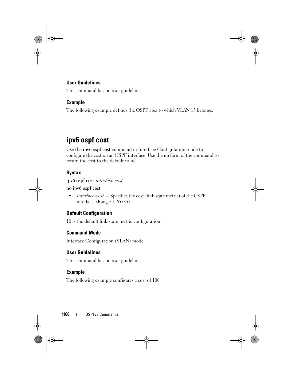 User guidelines, Example, Ipv6 ospf cost | Syntax, Default configuration, Command mode | Dell POWEREDGE M1000E User Manual | Page 1166 / 1682