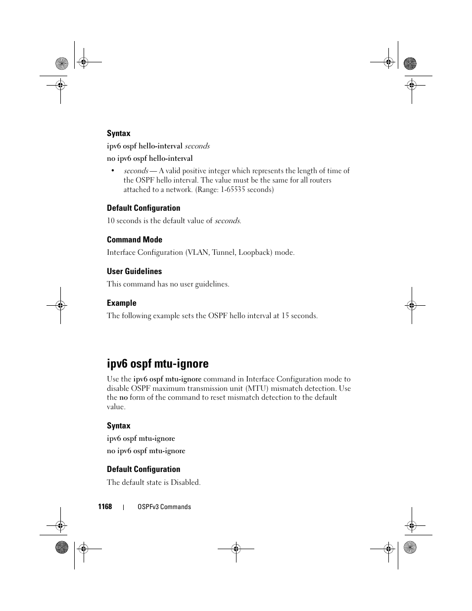 Syntax, Default configuration, Command mode | User guidelines, Example, Ipv6 ospf mtu-ignore, Ipv6 ospf mtu, Ignore | Dell POWEREDGE M1000E User Manual | Page 1168 / 1682