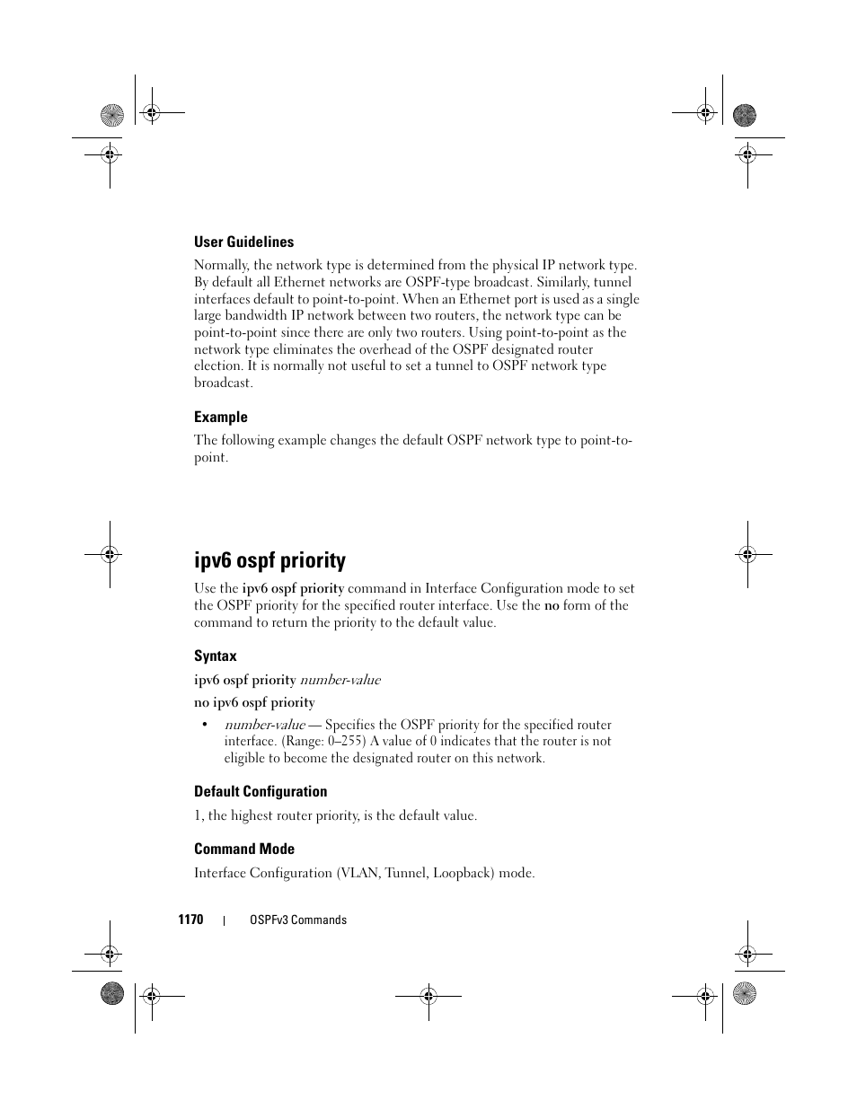 User guidelines, Example, Ipv6 ospf priority | Syntax, Default configuration, Command mode | Dell POWEREDGE M1000E User Manual | Page 1170 / 1682