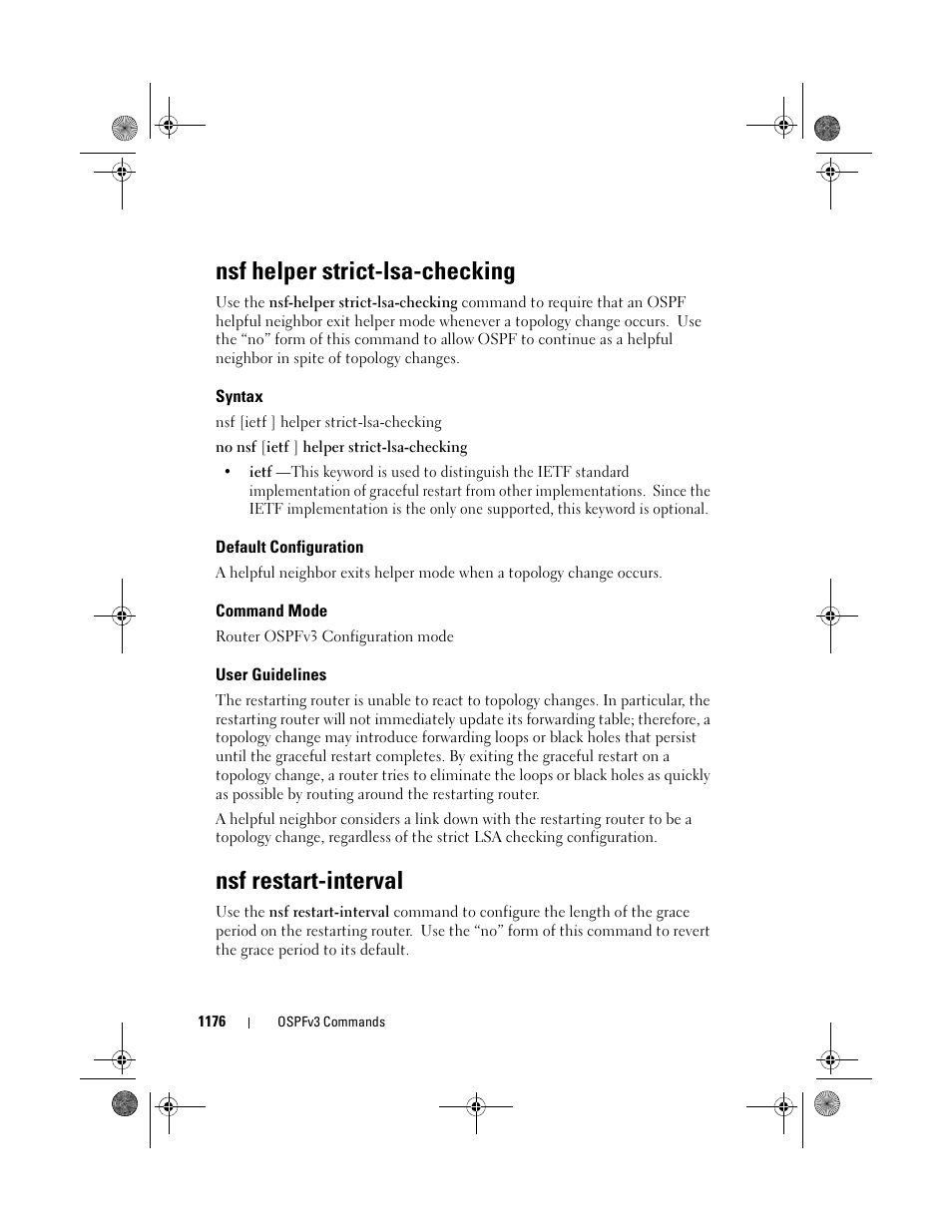 Nsf helper strict-lsa-checking, Syntax, Default configuration | Command mode, User guidelines, Nsf restart-interval, Nsf helper strict, Lsa-checking | Dell POWEREDGE M1000E User Manual | Page 1176 / 1682