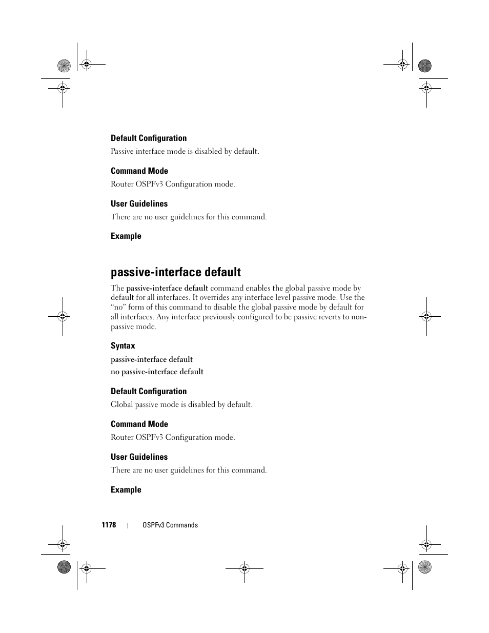 Default configuration, Command mode, User guidelines | Example, Passive-interface default, Syntax, Passive-interface, Default | Dell POWEREDGE M1000E User Manual | Page 1178 / 1682