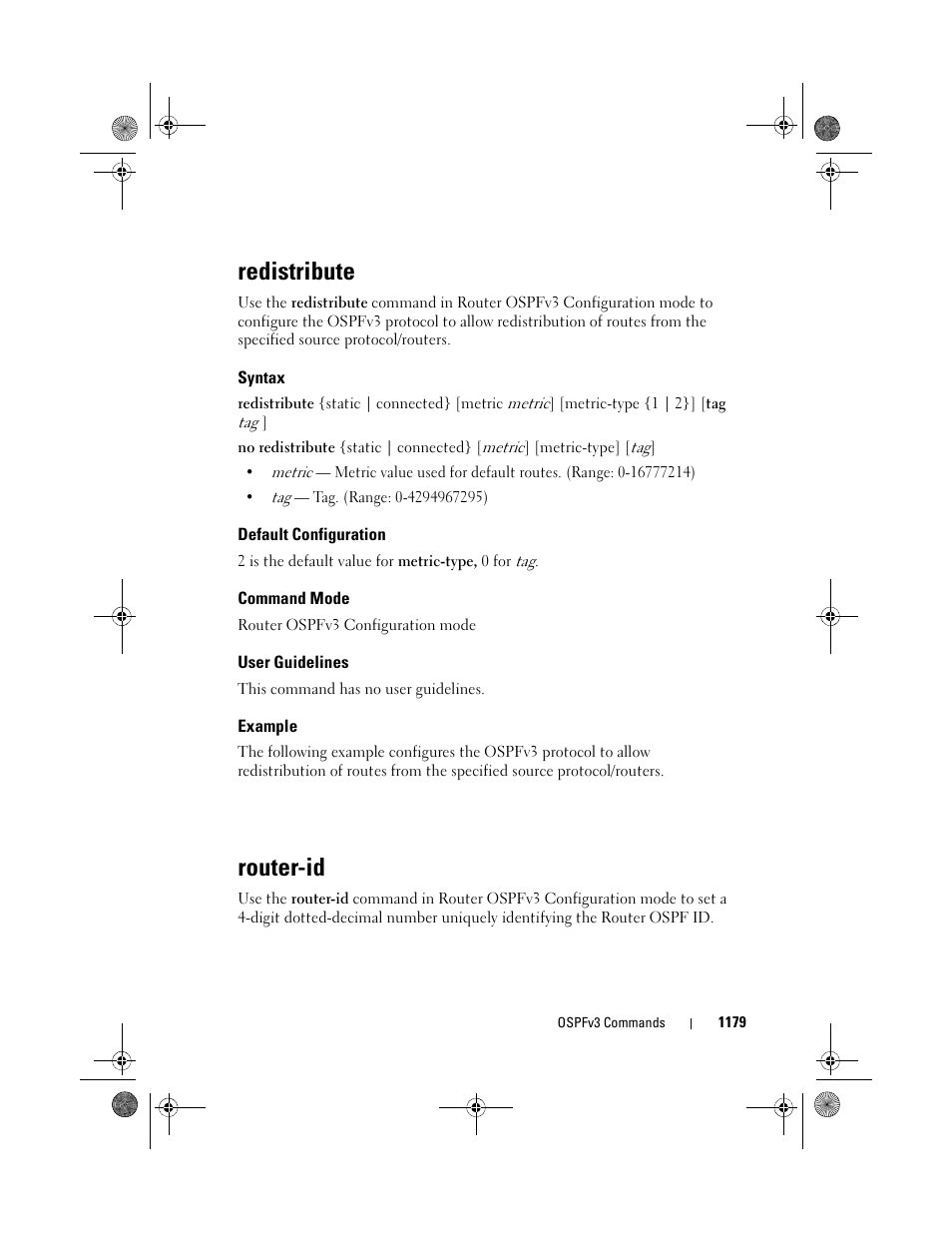 Redistribute, Syntax, Default configuration | Command mode, User guidelines, Example, Router-id | Dell POWEREDGE M1000E User Manual | Page 1179 / 1682