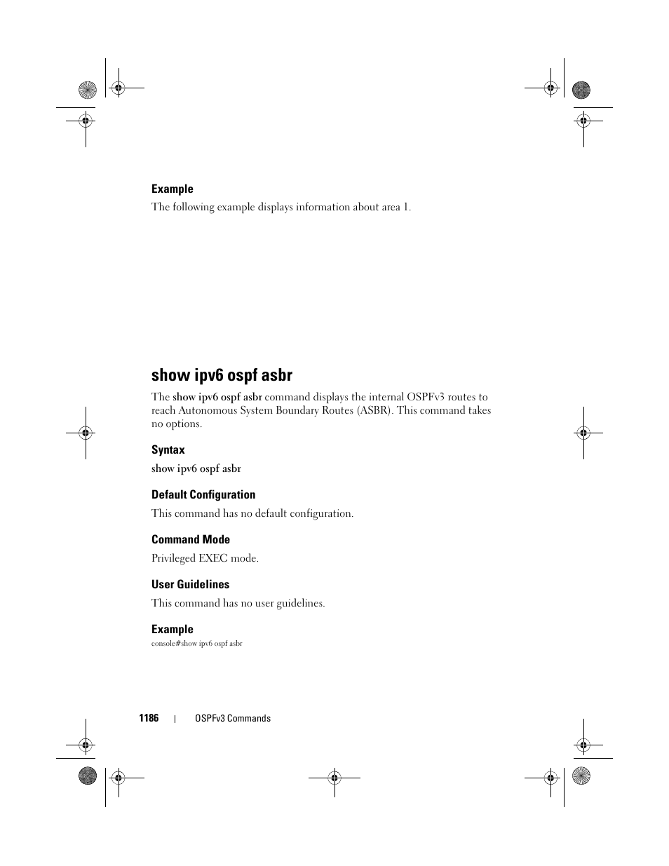 Example, Show ipv6 ospf asbr, Syntax | Default configuration, Command mode, User guidelines | Dell POWEREDGE M1000E User Manual | Page 1186 / 1682