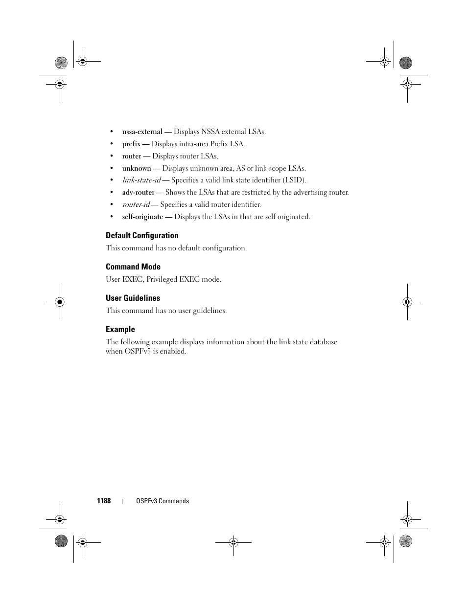 Default configuration, Command mode, User guidelines | Example | Dell POWEREDGE M1000E User Manual | Page 1188 / 1682