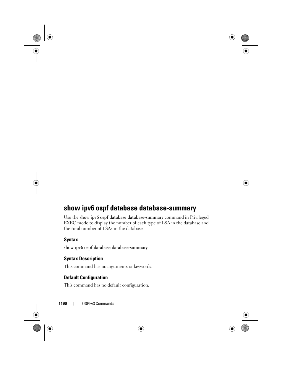 Show ipv6 ospf database database-summary, Syntax, Syntax description | Default configuration, Show ipv6 ospf, Database database, Summary | Dell POWEREDGE M1000E User Manual | Page 1190 / 1682