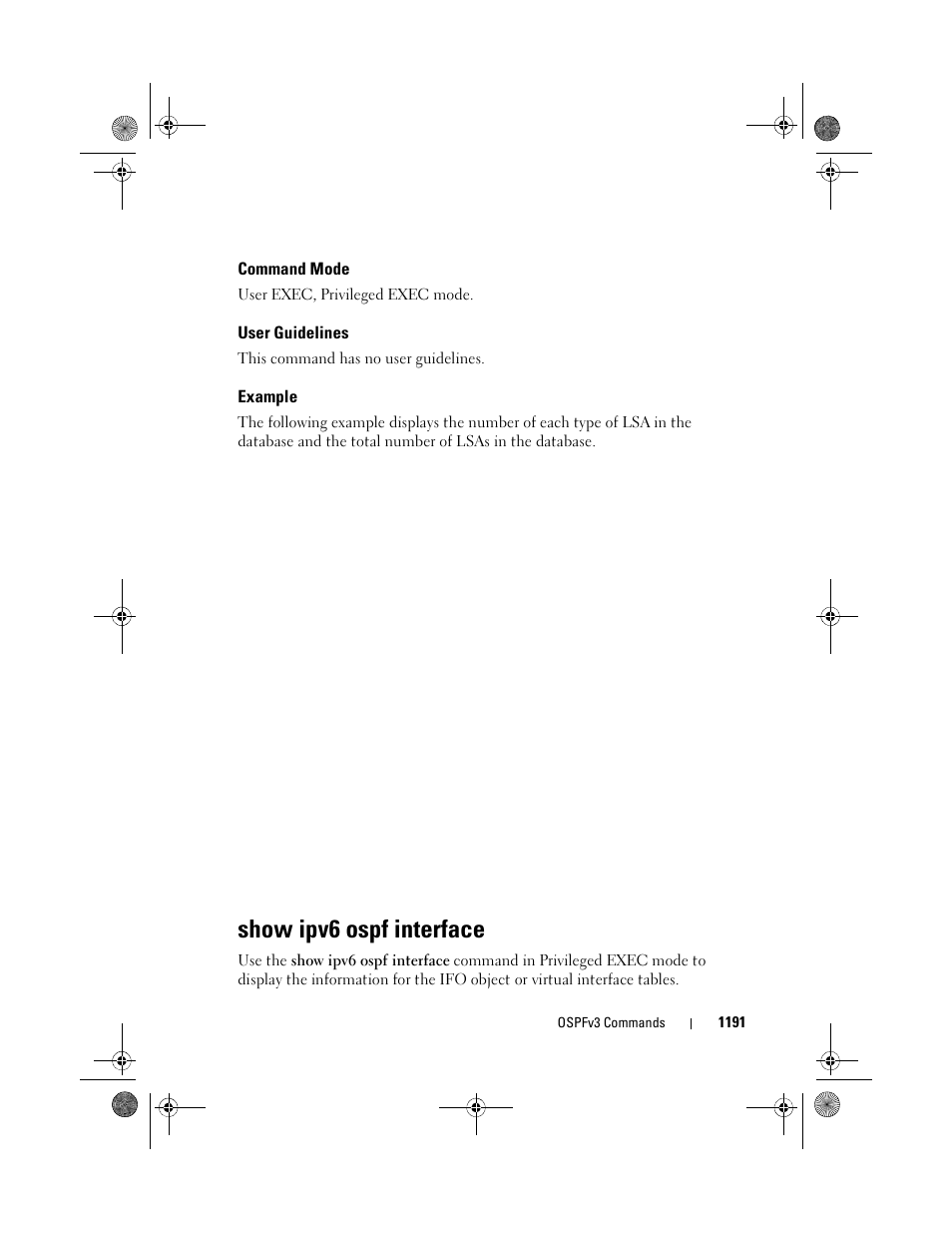 Command mode, User guidelines, Example | Show ipv6 ospf interface, Show ipv6 ospf, Interface | Dell POWEREDGE M1000E User Manual | Page 1191 / 1682