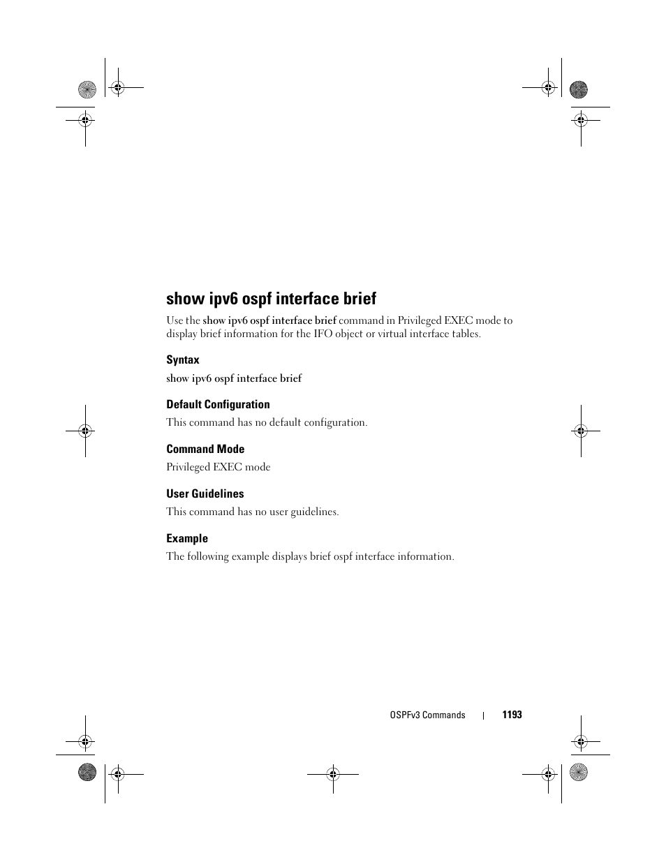 Show ipv6 ospf interface brief, Syntax, Default configuration | Command mode, User guidelines, Example, Show ipv6 ospf, Interface brief | Dell POWEREDGE M1000E User Manual | Page 1193 / 1682