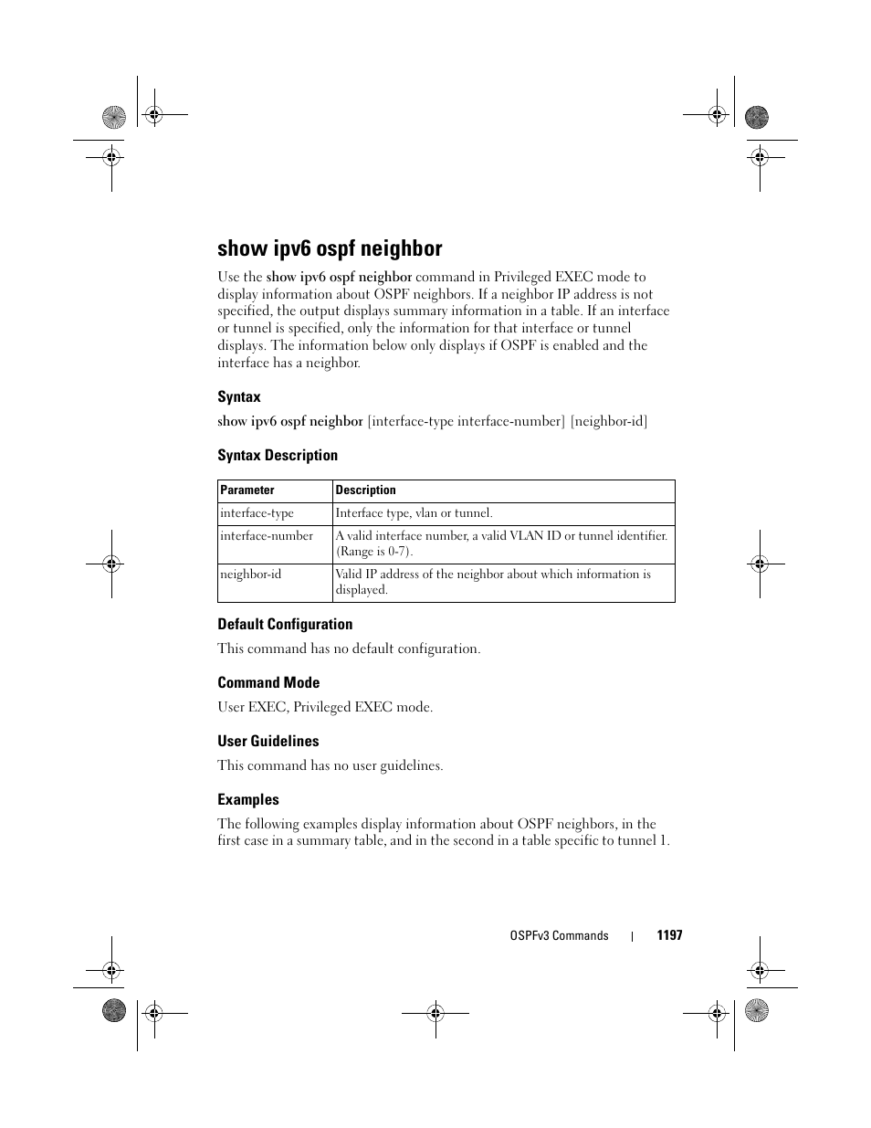 Show ipv6 ospf neighbor, Syntax, Syntax description | Default configuration, Command mode, User guidelines, Examples, Show ipv6 ospf, Neighbor | Dell POWEREDGE M1000E User Manual | Page 1197 / 1682