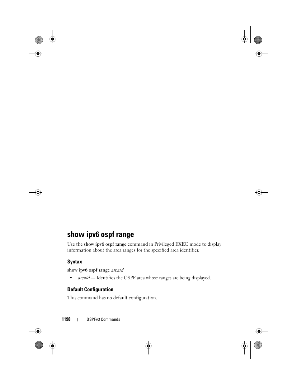 Show ipv6 ospf range, Syntax, Default configuration | Dell POWEREDGE M1000E User Manual | Page 1198 / 1682