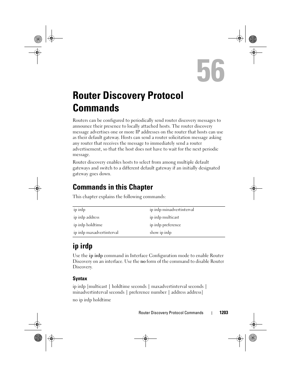 Router discovery protocol commands, Commands in this chapter, Ip irdp | Syntax, Router discovery protocol, Commands | Dell POWEREDGE M1000E User Manual | Page 1203 / 1682