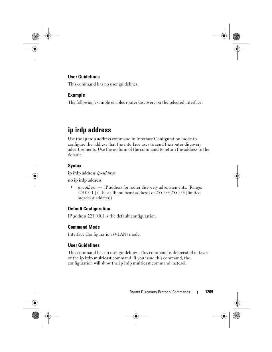 User guidelines, Example, Ip irdp address | Syntax, Default configuration, Command mode | Dell POWEREDGE M1000E User Manual | Page 1205 / 1682