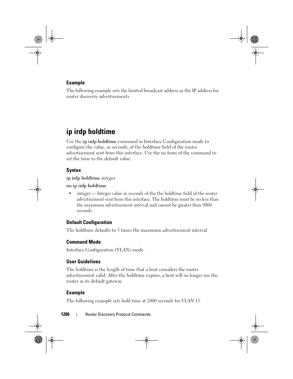 Example, Ip irdp holdtime, Syntax | Default configuration, Command mode, User guidelines | Dell POWEREDGE M1000E User Manual | Page 1206 / 1682