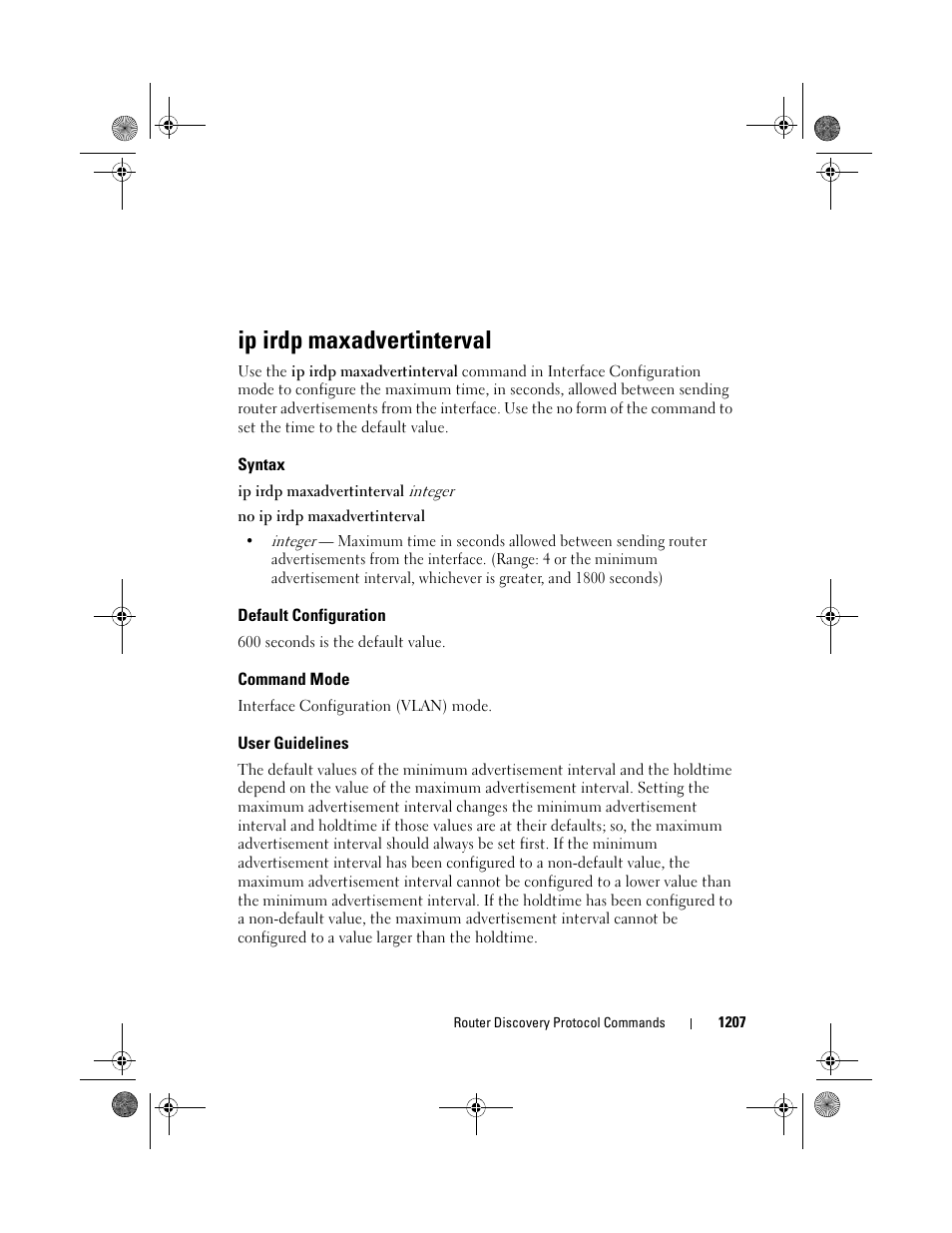 Ip irdp maxadvertinterval, Syntax, Default configuration | Command mode, User guidelines | Dell POWEREDGE M1000E User Manual | Page 1207 / 1682