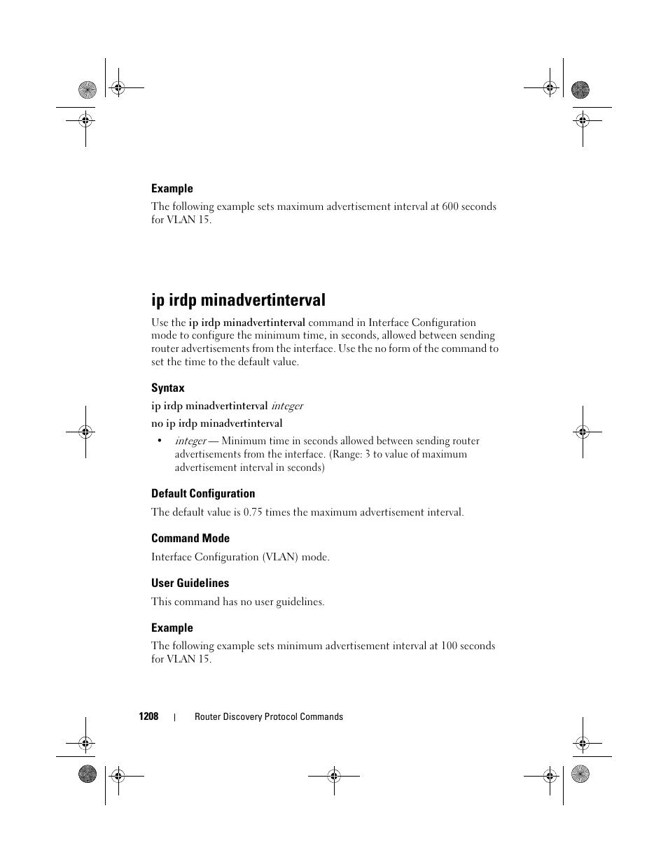 Example, Ip irdp minadvertinterval, Syntax | Default configuration, Command mode, User guidelines | Dell POWEREDGE M1000E User Manual | Page 1208 / 1682
