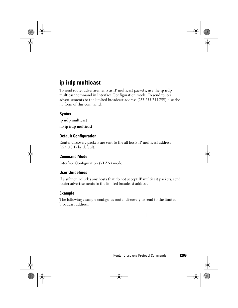 Ip irdp multicast, Syntax, Default configuration | Command mode, User guidelines, Example | Dell POWEREDGE M1000E User Manual | Page 1209 / 1682