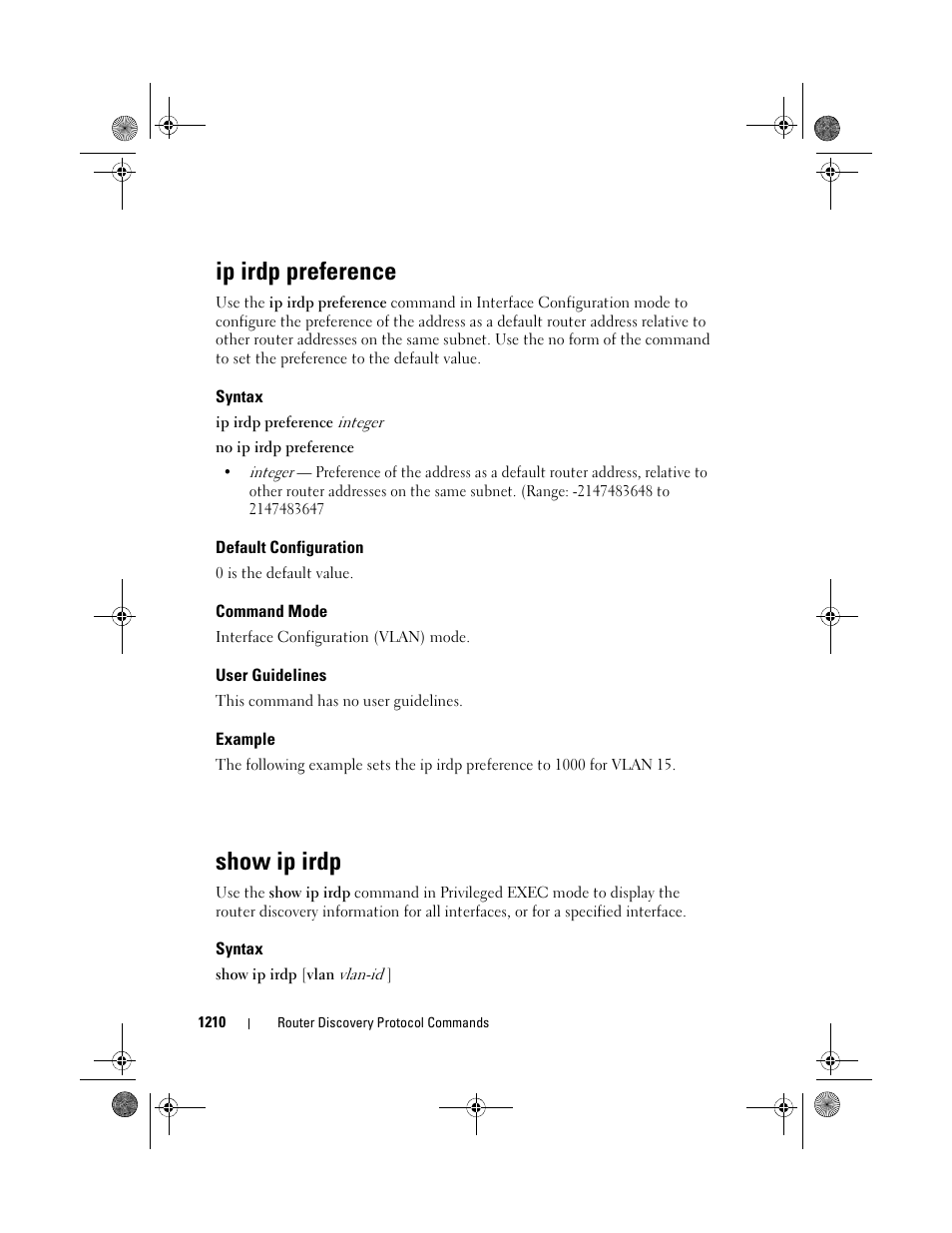 Ip irdp preference, Syntax, Default configuration | Command mode, User guidelines, Example, Show ip irdp | Dell POWEREDGE M1000E User Manual | Page 1210 / 1682