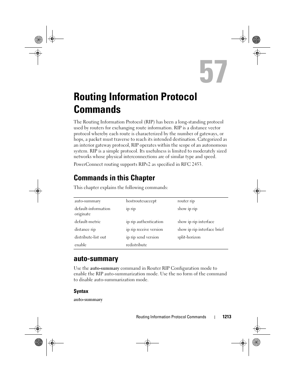 Routing information protocol commands, Commands in this chapter, Auto-summary | Syntax, Routing information protocol, Commands | Dell POWEREDGE M1000E User Manual | Page 1213 / 1682