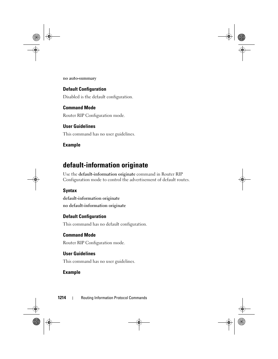 Default configuration, Command mode, User guidelines | Example, Default-information originate, Syntax, Default-information, Originate | Dell POWEREDGE M1000E User Manual | Page 1214 / 1682