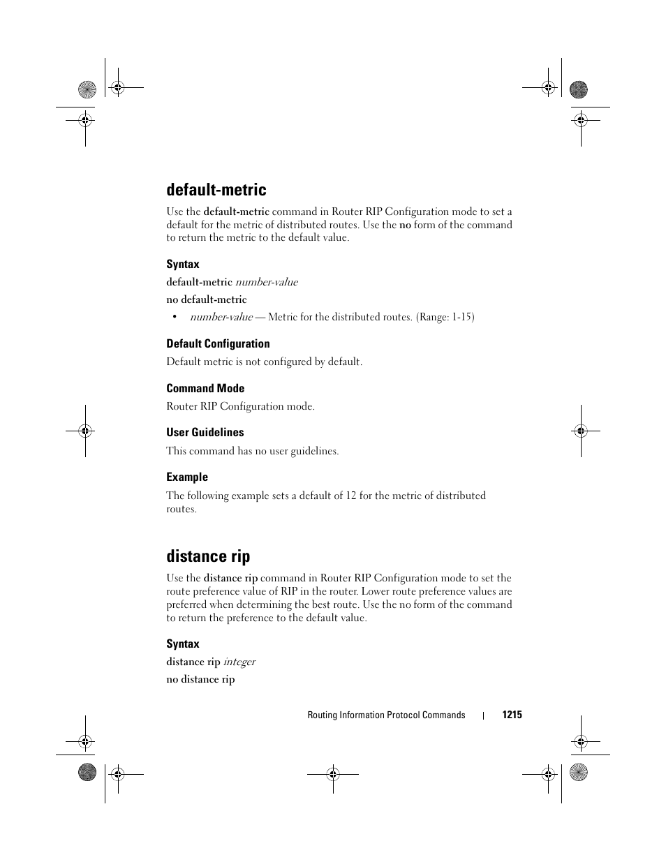 Default-metric, Syntax, Default configuration | Command mode, User guidelines, Example, Distance rip | Dell POWEREDGE M1000E User Manual | Page 1215 / 1682