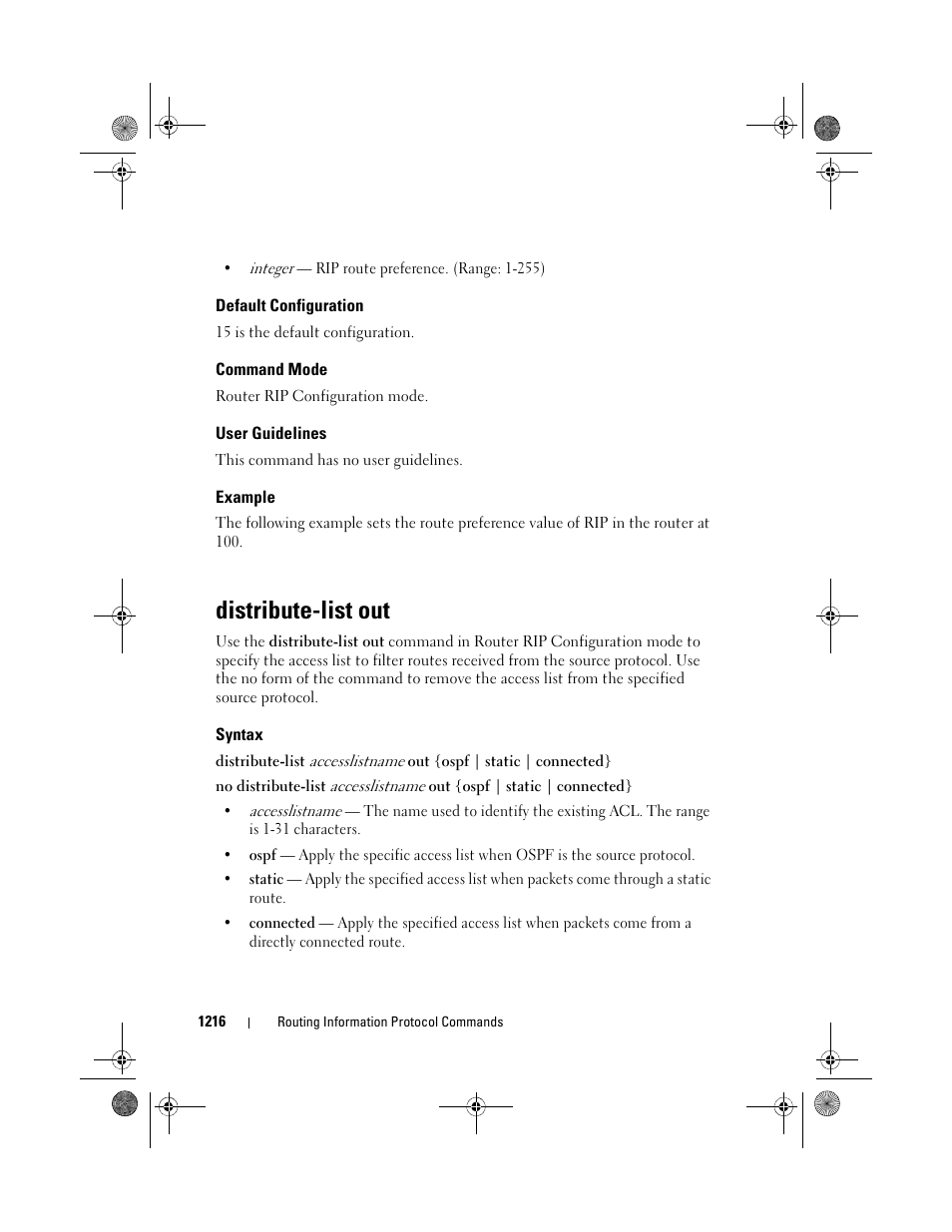 Default configuration, Command mode, User guidelines | Example, Distribute-list out, Syntax | Dell POWEREDGE M1000E User Manual | Page 1216 / 1682