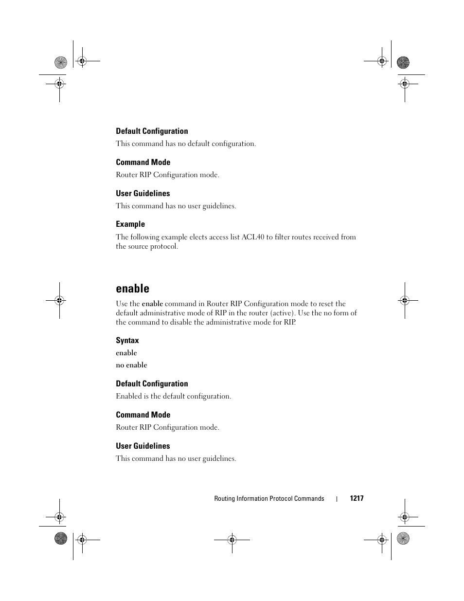 Default configuration, Command mode, User guidelines | Example, Enable, Syntax | Dell POWEREDGE M1000E User Manual | Page 1217 / 1682