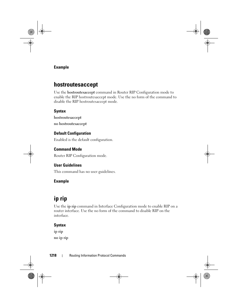 Example, Hostroutesaccept, Syntax | Default configuration, Command mode, User guidelines, Ip rip | Dell POWEREDGE M1000E User Manual | Page 1218 / 1682